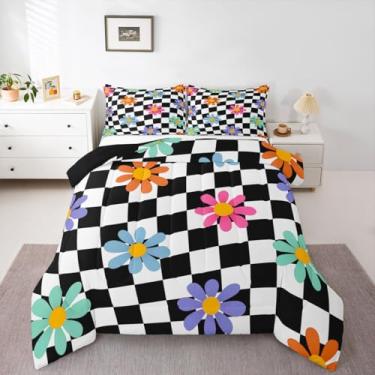 Imagem de jejeloiu Lindo conjunto de cama floral macio para meninos e meninas, preto e branco, conjunto de edredom solteiro, margarida, colorido, microfibra, xadrez, decoração de quarto, 2 peças com 1 fronha
