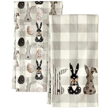 Imagem de Miss Adola Conjunto de 2 toalhas de cozinha de Páscoa - Saco de farinha toalhas de chá com laço para pendurar 45 x 66 cm ovos de coelho primavera bege xadrez panos de prato de mão reutilizáveis panos