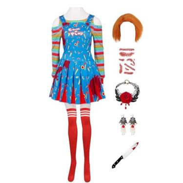Imagem de Kaziuoi Chucky Costume for Women Rainbow Stripe Shirt Overalls Outfits 7PCS Halloween Scary Cosplay Suit (Blue + Wig, X-Large)