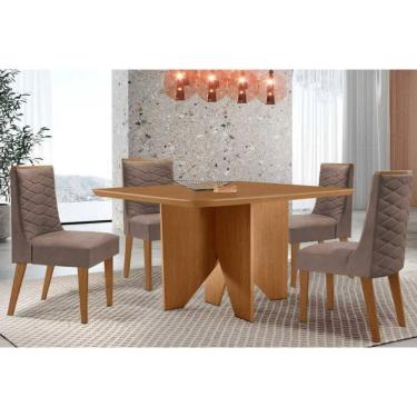 Imagem de Sala Jantar Mesa Nevada Tampo Curvo 90cm+4 Cadeiras Dafne Madeira Naturale - Capuccino/Corano Capuccino - Rufato