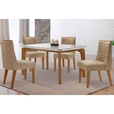 Imagem de Sala Jantar Mesa Londrina Tampo c/ Vidro Curvo 120cm 4 Cadeiras Maldivas Madeira Naturale/Off White - Capuccino/Linho Bege - Rufato