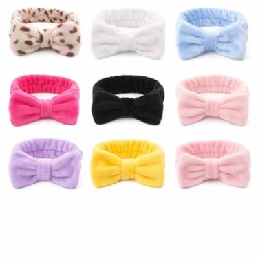 Imagem de Faixa de Cabelo para Maquiagem e Skin Care, Pelúcia Macia com Laço Ajustável, Elástica, Antideslizante, Conforto no Banho e Rotina Facial Diária (COR ALEATORIA)