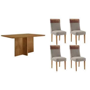 Imagem de Sala Jantar Mesa Berlim Tampo Curvo 120cm+4 Cadeiras Jaspe Madeira Naturale - Capuccino/Suede Capuccino - Rufato