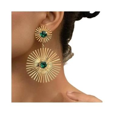 Imagem de Brincos Pendentes Geométricos Vintage Dourados Com Pedra Verde Grande 