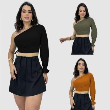 Imagem de Kit 3 Cropped Blusinha Crepe Um Ombro Só Feminino Manga Longa Fashion 