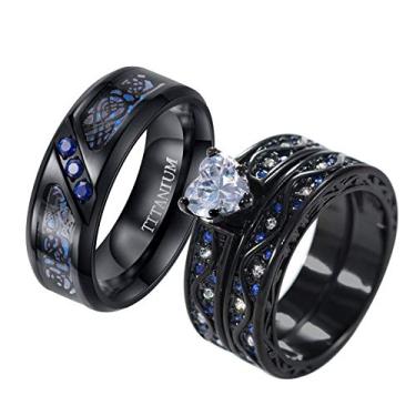 Imagem de ringheart 2 anéis pretos para ele e ela anéis de casal coração cz conjuntos de alianças de casamento femininas azul CZ aço titânio alianças de casamento masculinas, women size8 & men size11, Metal