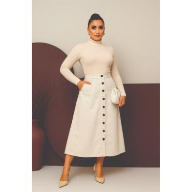 Imagem de Saia Jeans Longa Lavagem Creme Moda Evangélica Elegante Luxo Cintura A