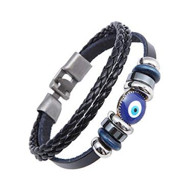 Imagem de Pulseira punk turca azul maligno com camada de pulso em couro trançado com folha de bordo bracelete étnico joia para mulheres homens