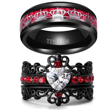 Imagem de ringheart Anéis de coroa para ele e para ela, anéis de casal, anéis de casamento 1 ct CZ feminino, conjuntos de alianças de casamento masculinas de aço de titânio, women size7 & men size13, Metal