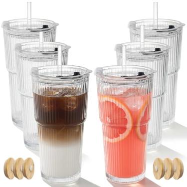 Imagem de Ruckae Garrafas de vidro de 540 ml com tampas, copos de vidro com tampas e canudos, copos de água para café, vitaminas, chá, suco (6, transparente)