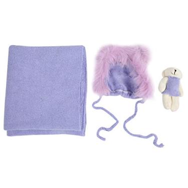 Imagem de Ainoli 3 peças de adereços para fotografia de bebê, chapéu, cobertor, conjunto de brinquedos, roupas para recém-nascidos (Roxo claro)