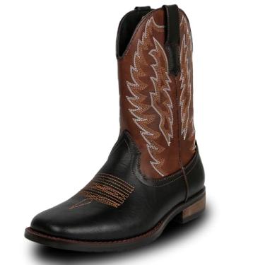Imagem de Botas masculinas caubói pretas estilo faroeste, bico quadrado, salto grosso, durável, retrô, cano médio, bico quadrado, clássico, bordado, cavaleiro, Preto, 43 BR