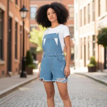 Imagem de Jardineira Jeans Feminina Destroyed Enfim, M, Azul