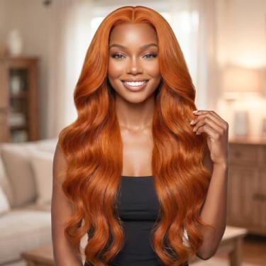 Imagem de Peruca de cabelo humano ondulado frontal de renda transparente de 33 x 10 cm, perucas de cabelo humano sem cola com destaque para mulheres 66 cm laranja-vermelho