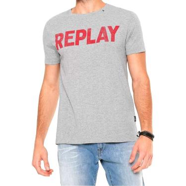 Imagem de Camiseta Replay Masculina Stamp Silk Red Logo Cinza Mescla-Masculino