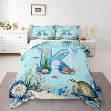 Imagem de Erosebridal Jogo de cama casal com desenho animado Axolotl, azul fofo, letra K, para crianças, adolescentes, desenho animado, salamandra, animal, edredom subaquático