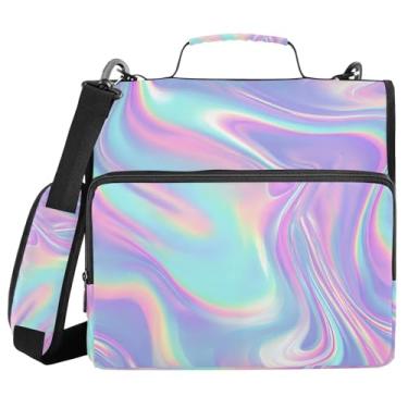 Imagem de Bolsa de fichário holográfico com estampa neon iridescente com 3 anéis e alça de ombro com zíper, capacidade de 500 folhas, vários bolsos para material de escritório escolar