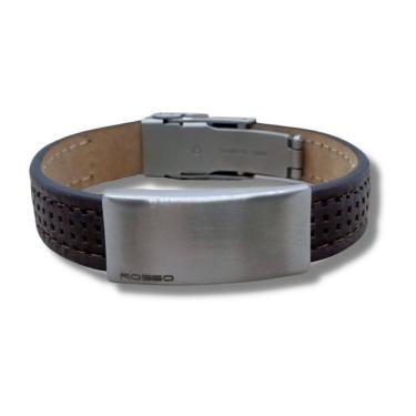 Imagem de Pulseira Masculina Rosso Em Couro Marrom E Aço Fosco