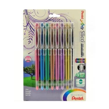 Imagem de Pentel Caneta de gel com ponta de agulha metálica de 0,8 mm, cores sortidas, pacote com 8 (BG208BP8M) da Arts Slicci