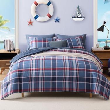 Imagem de AMBERSPACE Conjunto de edredom xadrez, tamanho casal, azul marinho, 7 peças, para meninos, meninas, adolescentes, cama leve em uma bolsa para dormitório, com lençóis, fronhas e fronhas