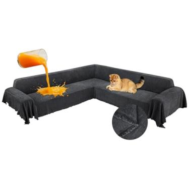 Imagem de ROFASVCO 1OO% capas de sofá seccionais de canto à prova d'água em forma de L com borla, macia, grossa, lavável, protetor de móveis para cães de estimação (231 x 640 cm, cinza carvão)