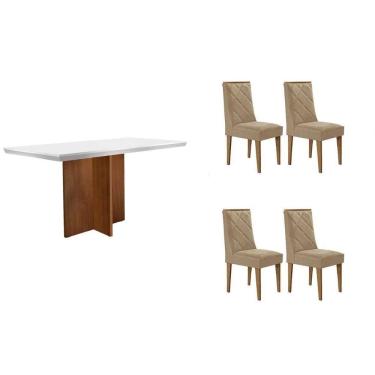 Imagem de Mesa Cozinha Berlim c/ Tampo Madeirado c/ Vidro Canto Curvo 120x80cm e 4 Cadeiras Pietá Madeira Maciça Naturale/Off White - Capuccino/Suede Creme-Rufa