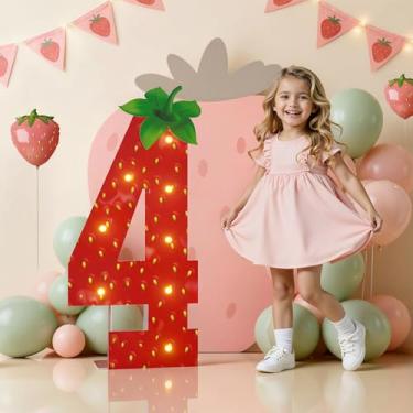 Imagem de Decorações de festa de aniversário de morango para casa, número 4 para letreiro de papelão de espuma de 9 m, decorações de aniversário com tema de morango, números iluminados 4