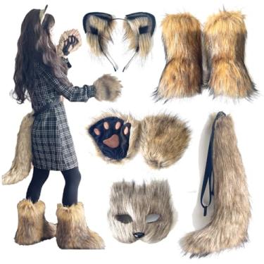 Imagem de LAIDIC Therian Mask Conjunto de orelhas e cauda de raposa de lobo com patas, botas de pele sintética fofas para mulheres, cosplay (conjunto cinza marrom com botas, botas tamanho 6)