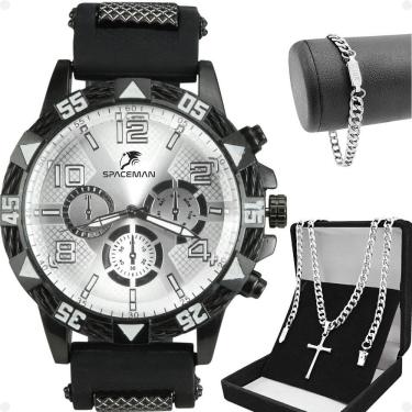 Imagem de Relogio Masculino Aço Inox + Cordão Crucifixo + Pulseira Preto Spaceman Cruz Fina