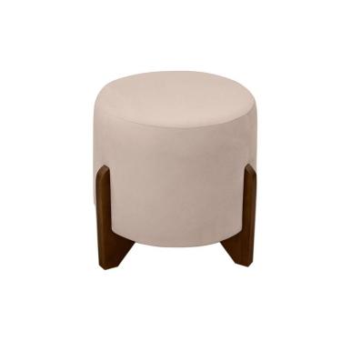 Imagem de Puff Banqueta Decorativo Luiz Pés De Madeira Linho Bege Do Lar Móveis E Decoração