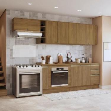 Imagem de Armário De Cozinha Completa 3 Gavetas 100% Mdf 300cm Nogueira Celeste 