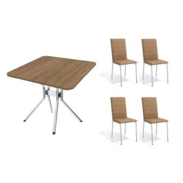 Imagem de Conjunto: Mesa Sala Jantar Loire C- Tampo De Madeira 90cm + 4 Cadeiras Amsterdã Cromada-capuccino - Kappesberg