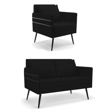Imagem de Kit 01 Namoradeira 02 Lugares e 01 Poltrona Mari Linho Preto A79 Pés Palito de Ferro - D'Rossi