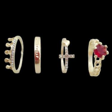 Imagem de Conjunto 4 Aneis Tipo Pandora Fino Elegante Coração Dourado, 18, Doura