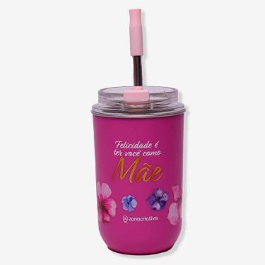 Imagem de Copo com Canudo Copo Neo Mãe Florence para Bebidas em Aço Inoxidável e Plástico Parede Dupla Rosa Zonacriativa