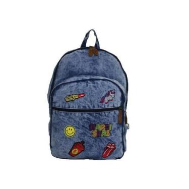 Imagem de Mochila Jeans Adulta Faculdade C/ Diversos Patches Bordados - WIN