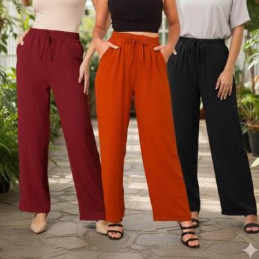Imagem de Kit Com 3 Calças Pantalona Wide Leg Cintura Alta Duna Feminina Social 