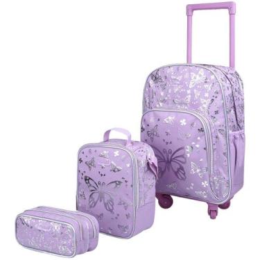Imagem de Kit Escolar Mochila c/ Rodinhas + Lancheira + Estojo Pampili Borboleta