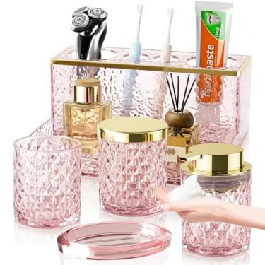 Imagem de BSSN Conjunto De Acessórios Banheiro Vidro Com 5 Peças Cristal Rosa - Dispensador Sabão Em Espuma, Prato, Copo, Porta-Escovas Acrílico Organizador Bandeja, Pote Para Cotonete, Decoração Bancada Pia,
