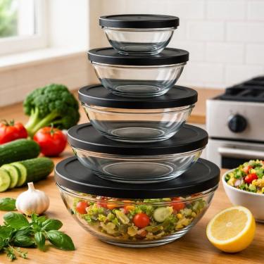 Imagem de Conjunto de Bowls de Vidro Hermeticos para Alimentos 5 Pecas 140ml a 930ml Transparente com Tampa Preta Studios