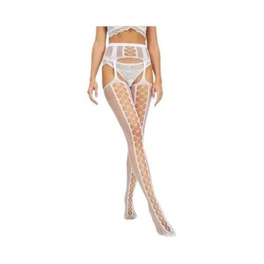 Imagem de Meia-calça De Cintura Alta Com Cinto De Ligas Em Rede, Sexy, Vazada, D