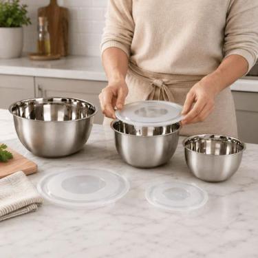 Imagem de Kit 3 Tigelas Bowls Aço Inox Tampas Herméticas Saladeira Batedeira Coz