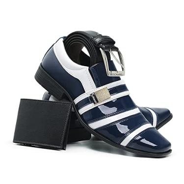 Imagem de Kit Sapato Social Masculino + Carteira e Cinto Verniz Brilho (40, Azul/Branco)