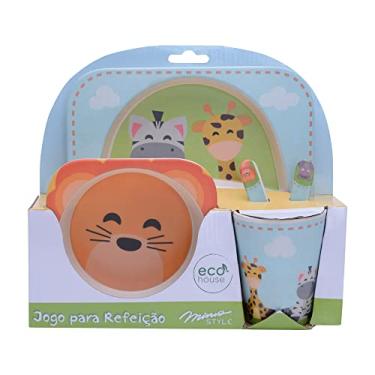 Imagem de Mimo Style Jogo Para Refeição Safari Infantil Eco-Friendly, Feito de Bambu Natural Ecológico. Possui Imagens Impressas de Animais. Jogo é Composto de Prato, Garfo, Bowl e Copo (320ml), BF20197