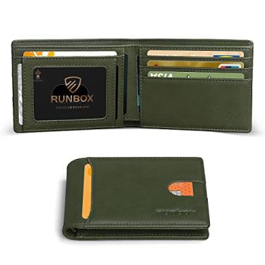 Imagem de RUNBOX Carteira masculina fina com 11 compartimentos para cartão de crédito, couro com bloqueio de RFID, pequena, fina, dobrável, bolso frontal, caixa de presente de grande capacidade, azeite