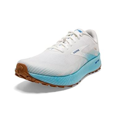 Imagem de Brooks Tênis de corrida masculino Catamount Trail-Running – Cabedal de malha respirável com palmilha têxtil, fecho de cadarço e colarinho acolchoado, Branco/água gelada/azul, 10