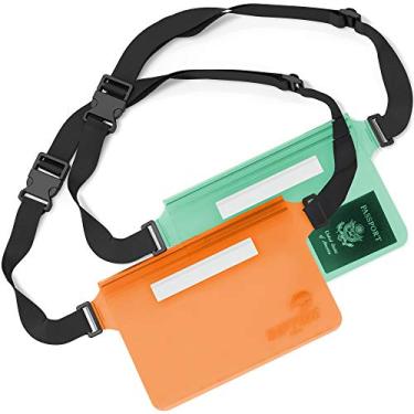Imagem de Pochete impermeável (pacote com 2) para homens e mulheres, bolsa seca resistente à água com alça ajustável na cintura – protege objetos de valor em esportes aquáticos (verde transparente e laranja)