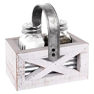 Imagem de Autumn Alley Conjunto de saleiro e pimenteiro para porta de celeiro em suporte branco e galvanizado - Saleiro e pimenteiro para cozinha de campo