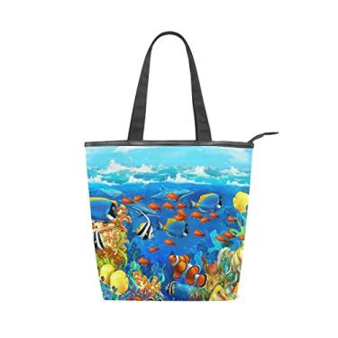 Imagem de Bolsa feminina de lona durável para peixes subaquáticos, recife de corais, bolsa de ombro para compras com grande capacidade