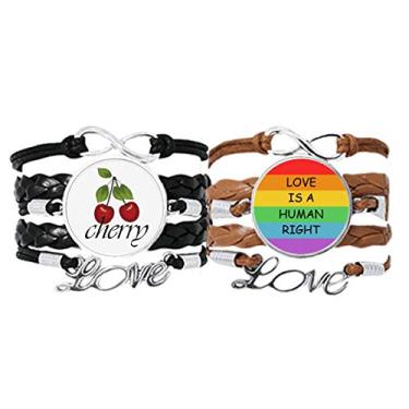 Imagem de DIYthinker Pulseira LGBT com bandeira de arco-íris lésbica gay, pulseira de mão, corda de couro, cereja, amor, conjunto duplo